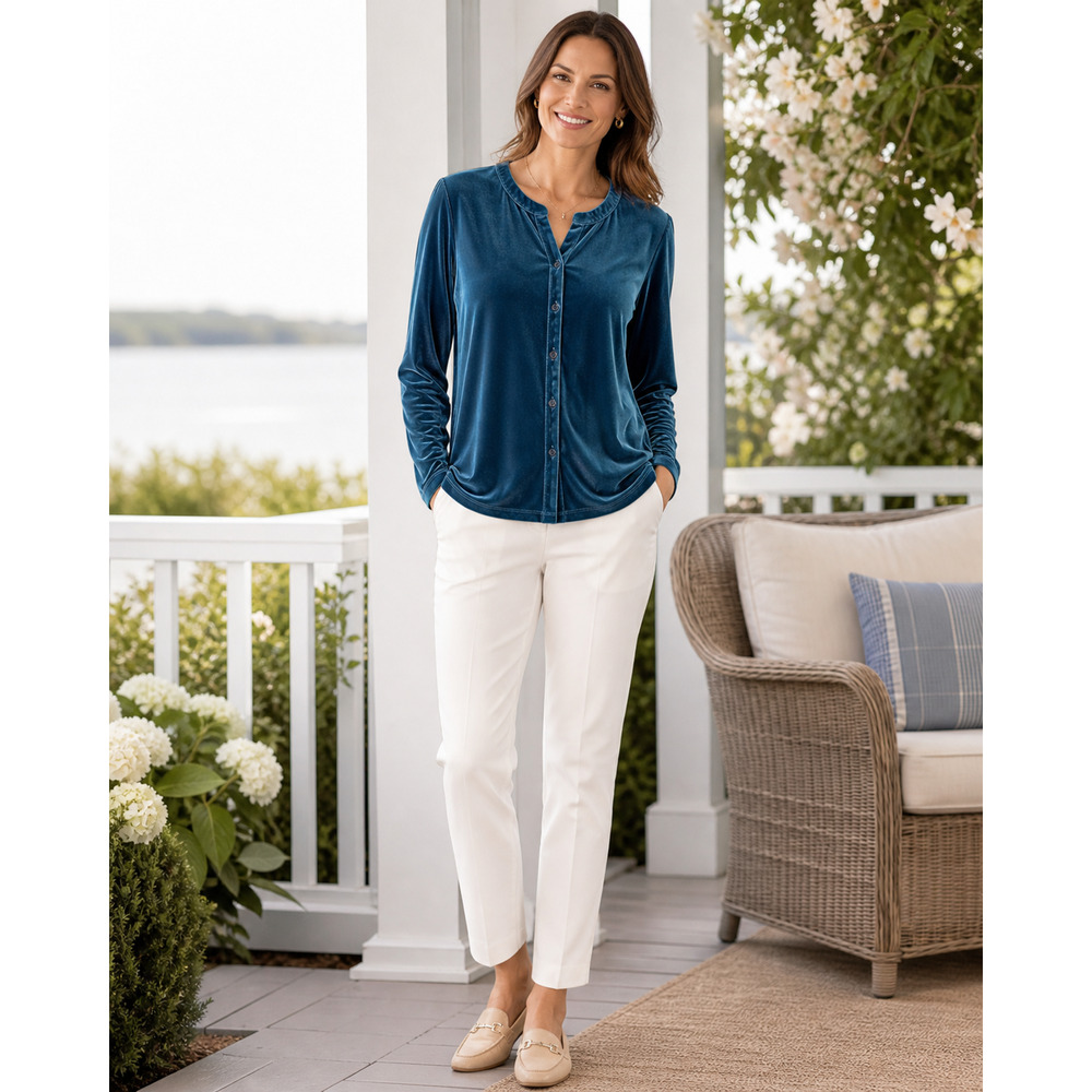Lands End Womens Velour Top Large 14-16 Blue Long Sleeve Stretch V-Neck Preppy